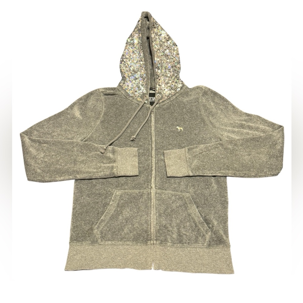 PINK Victoria's Secret Holographic Sequin Hoodie Grey Silver Sz Small Y2K Velour